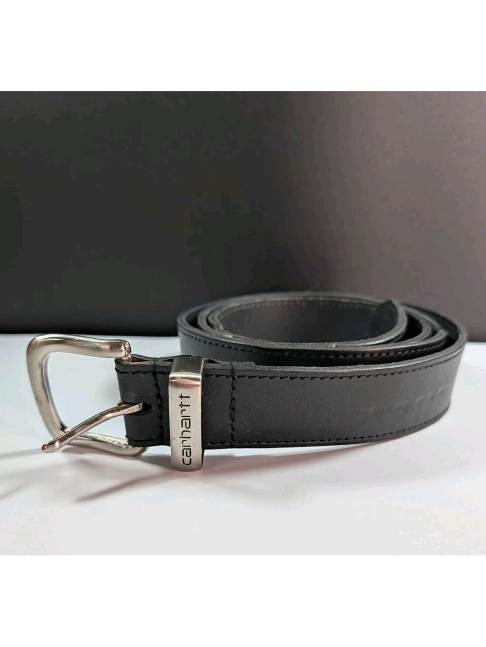 Carhartt Mens 48 Black Full Grain Leather Work Belt Silver Buckle Casual Wear